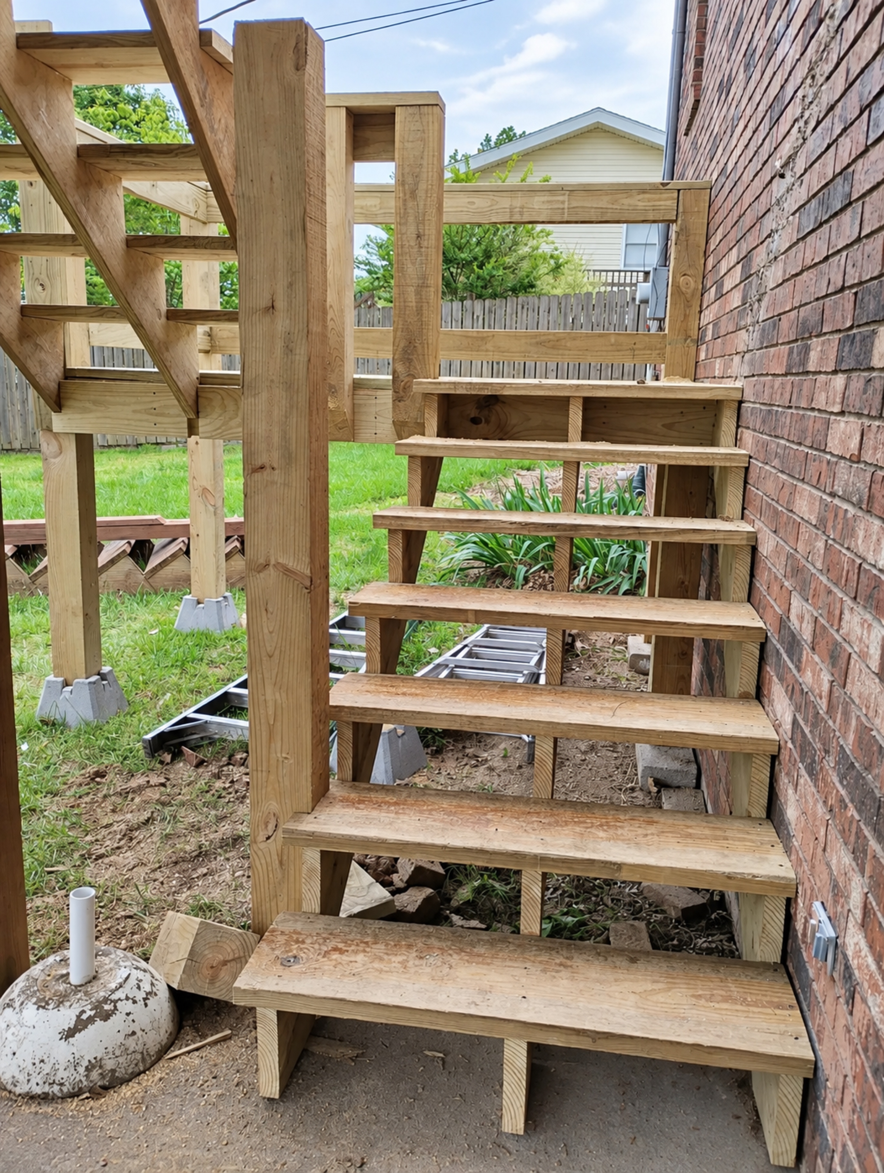 Wood exterior stair run viewed from ground level during reconstruction