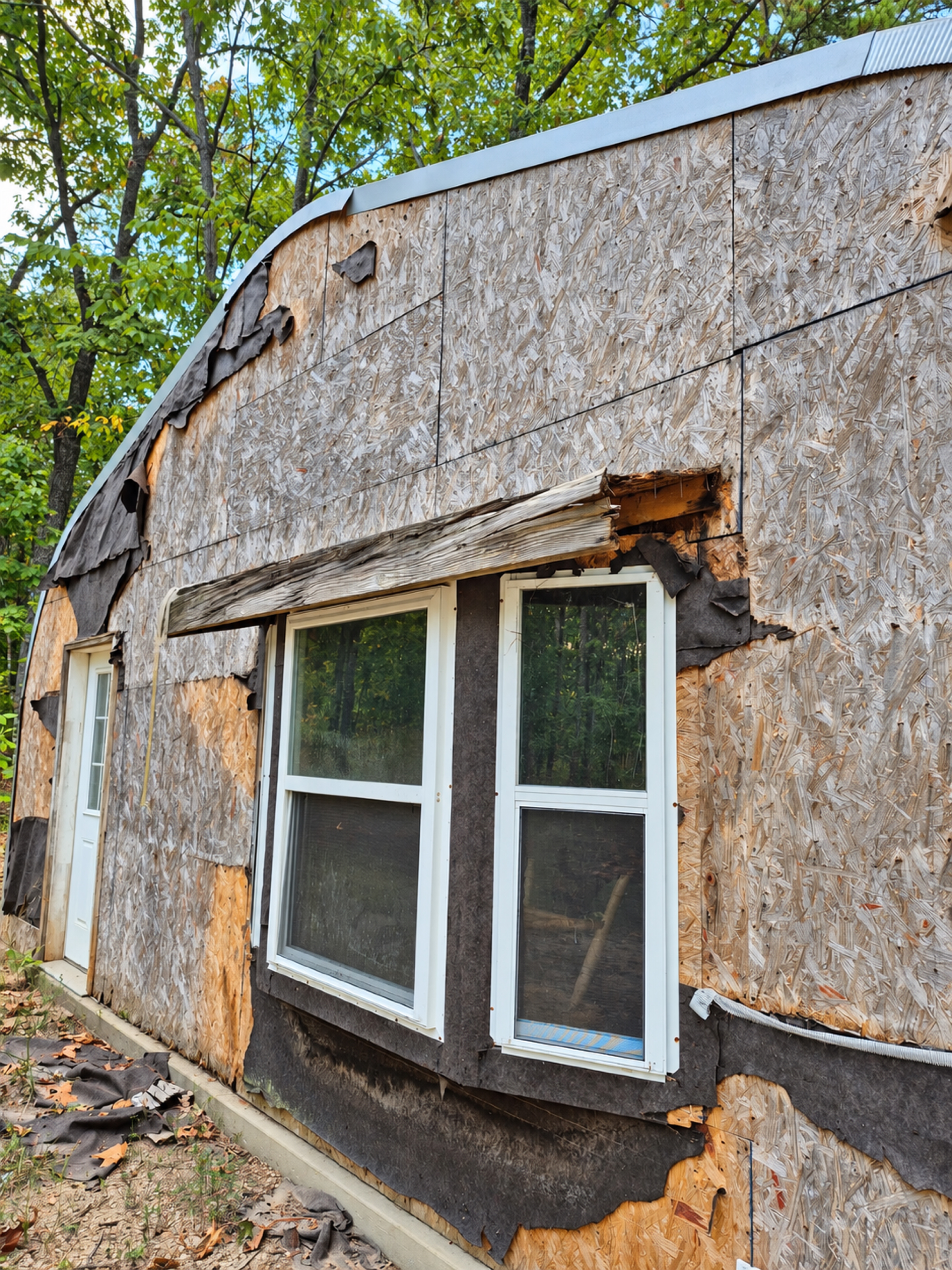 Close view of exposed sheathing and weathered trim above the garage windows