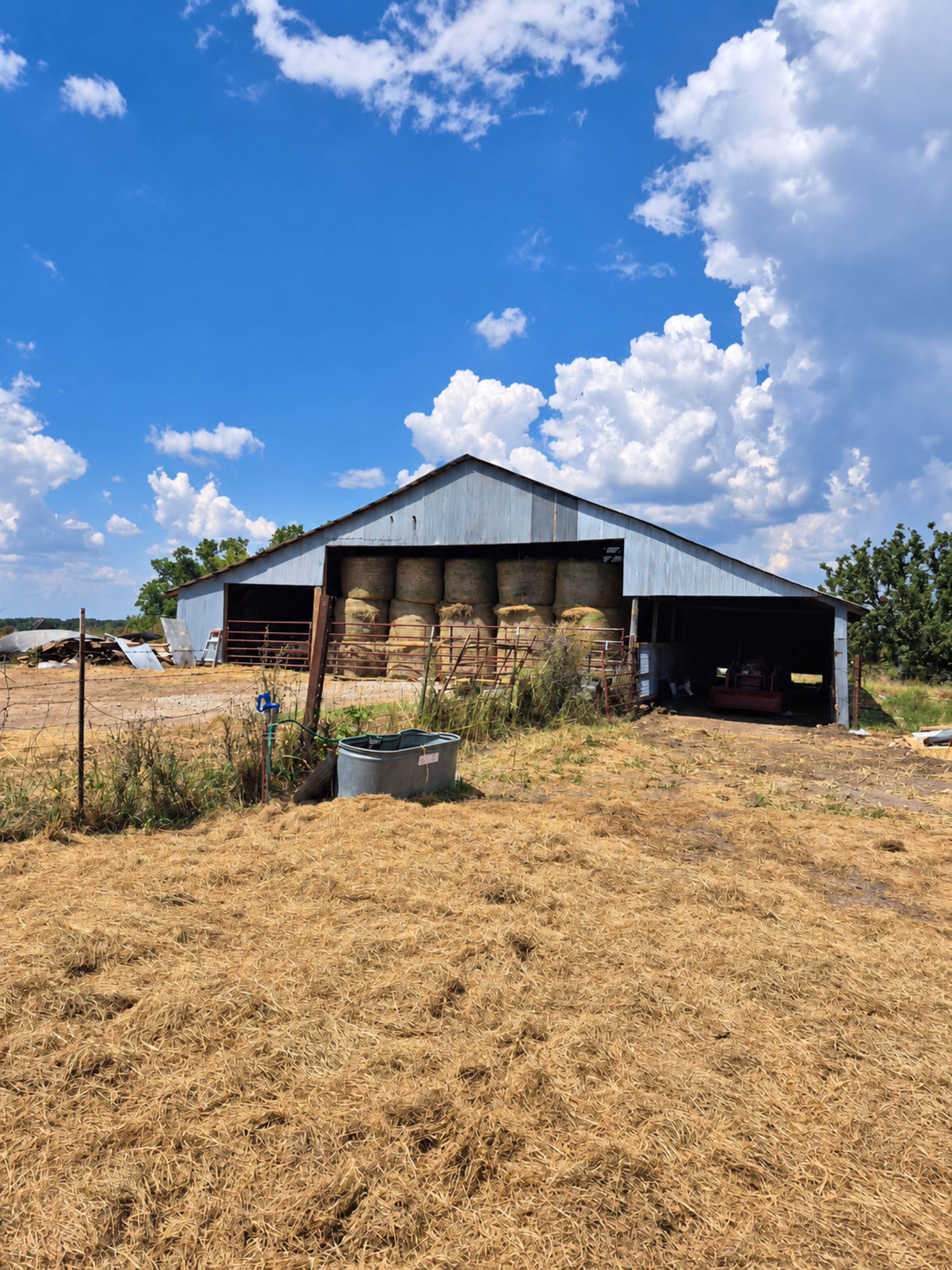 Front view of the metal barn with hay bales and gated storage bays