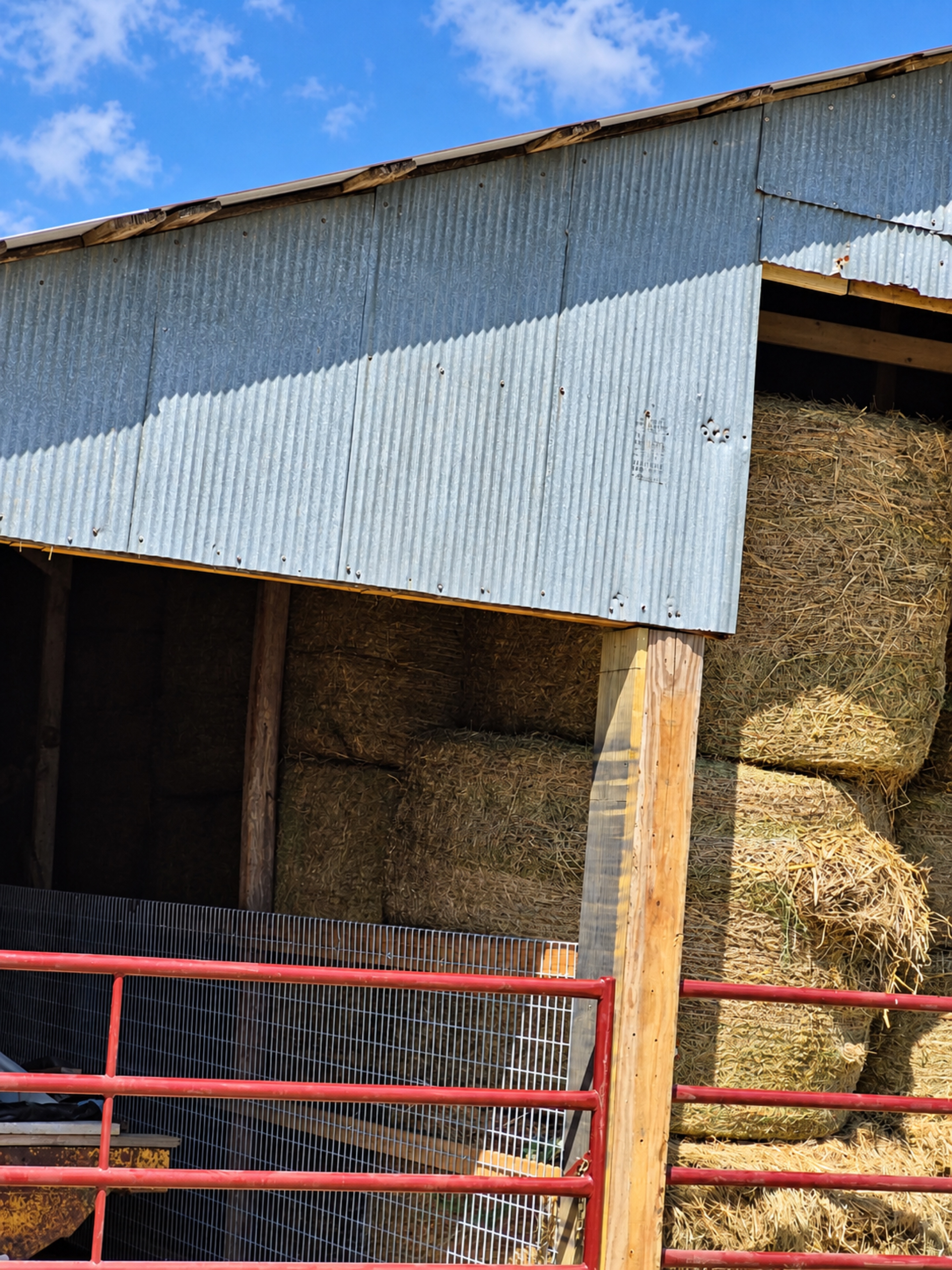 Front barn bay with a timber support post, corrugated metal facade and stacked hay