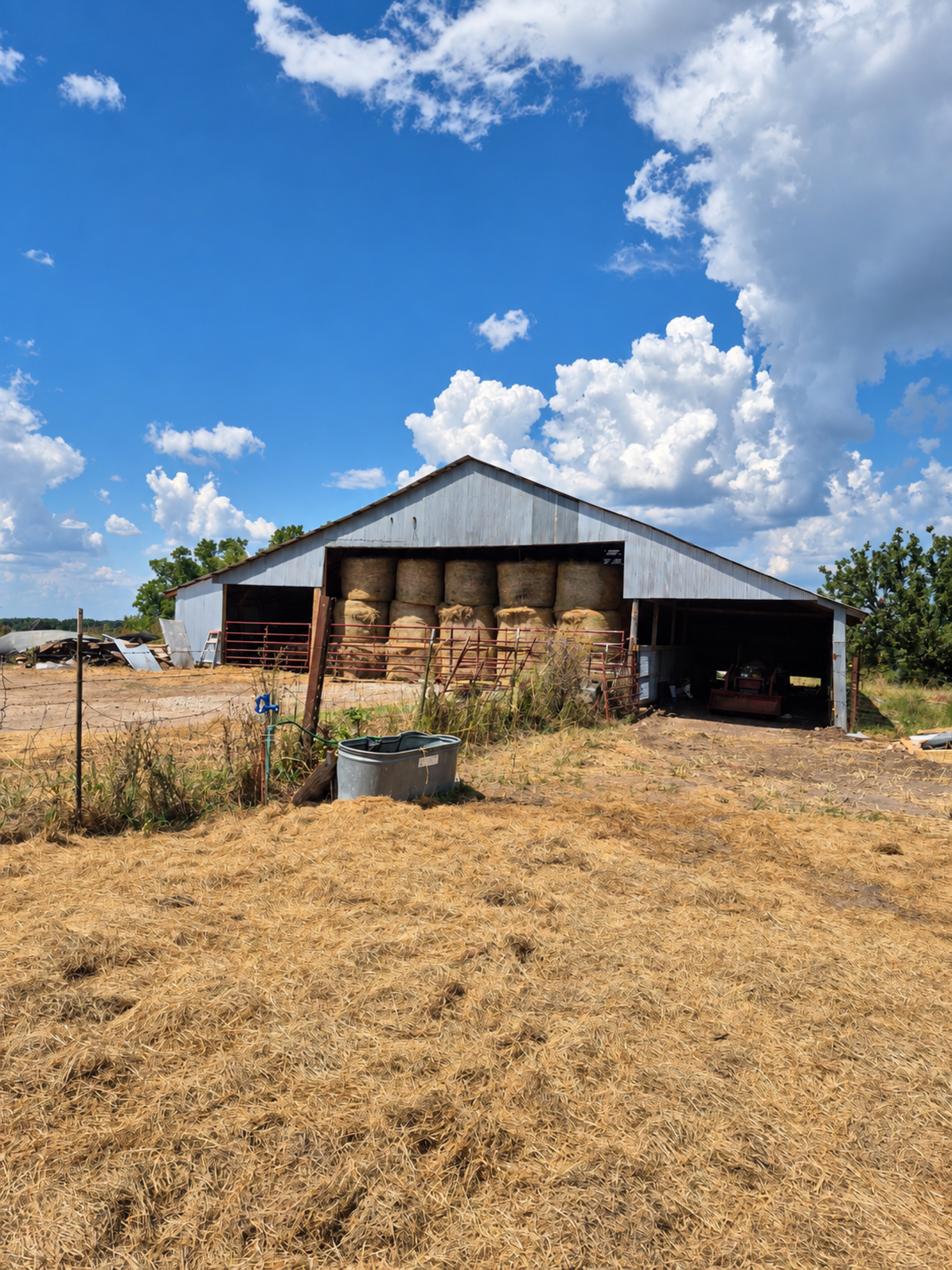 Wide front view of the metal barn with hay storage, livestock gates and equipment