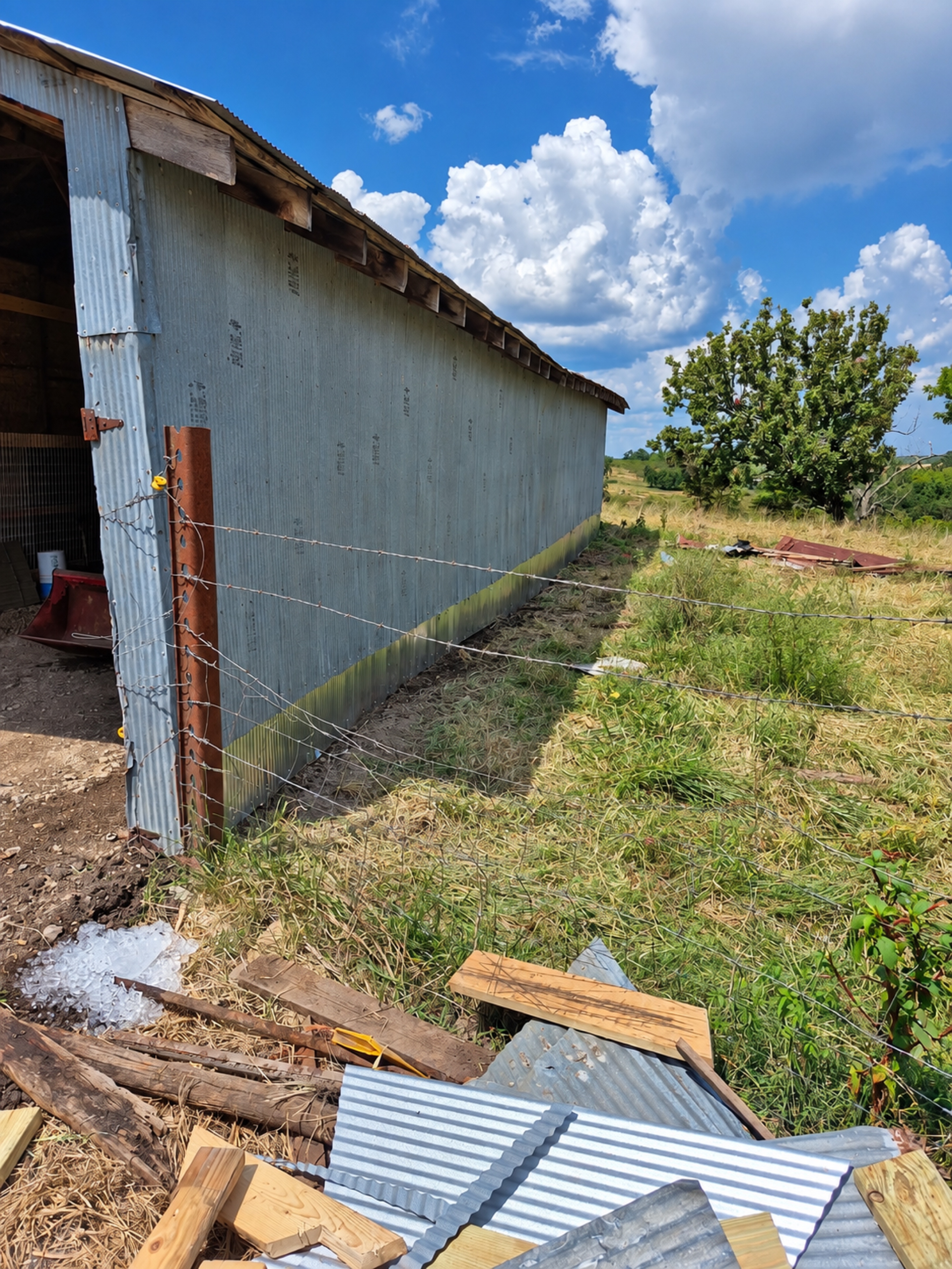 Long side of the barn with galvanized corrugated metal siding behind a fence