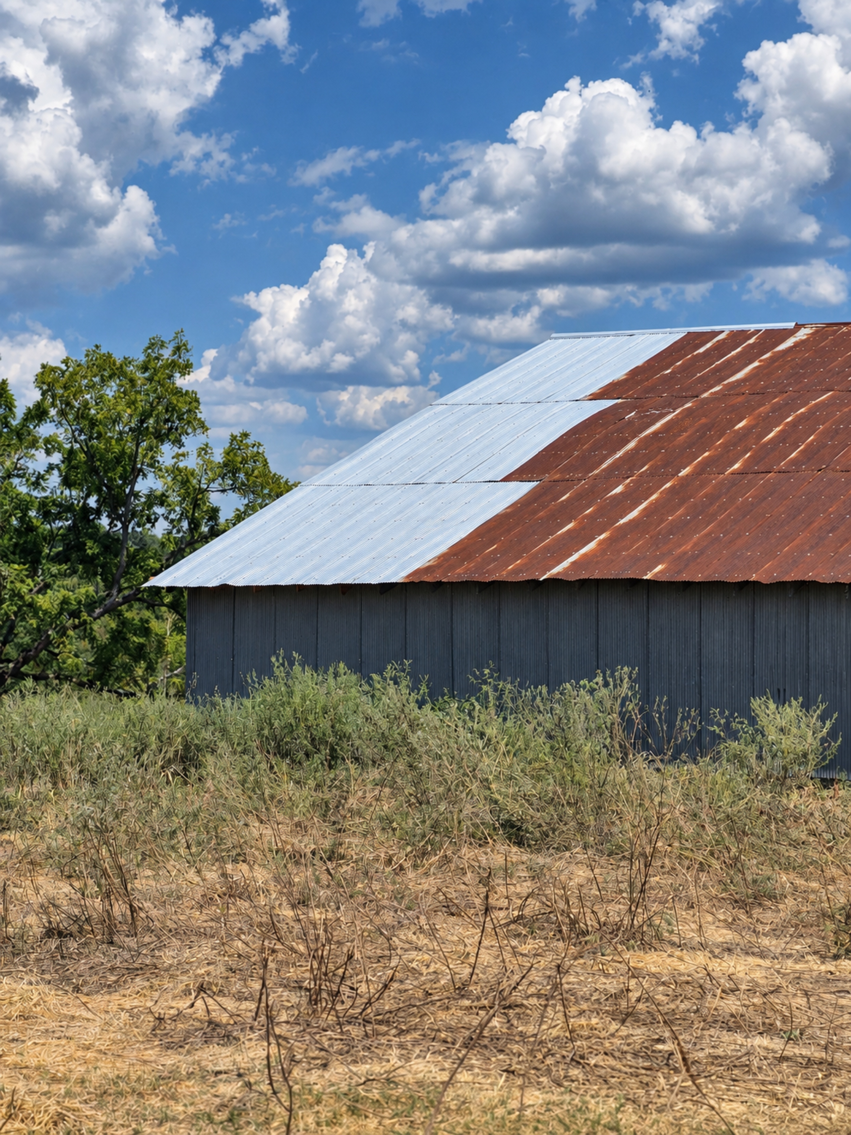 Silver replacement corrugated roof panels beside weathered red metal roofing