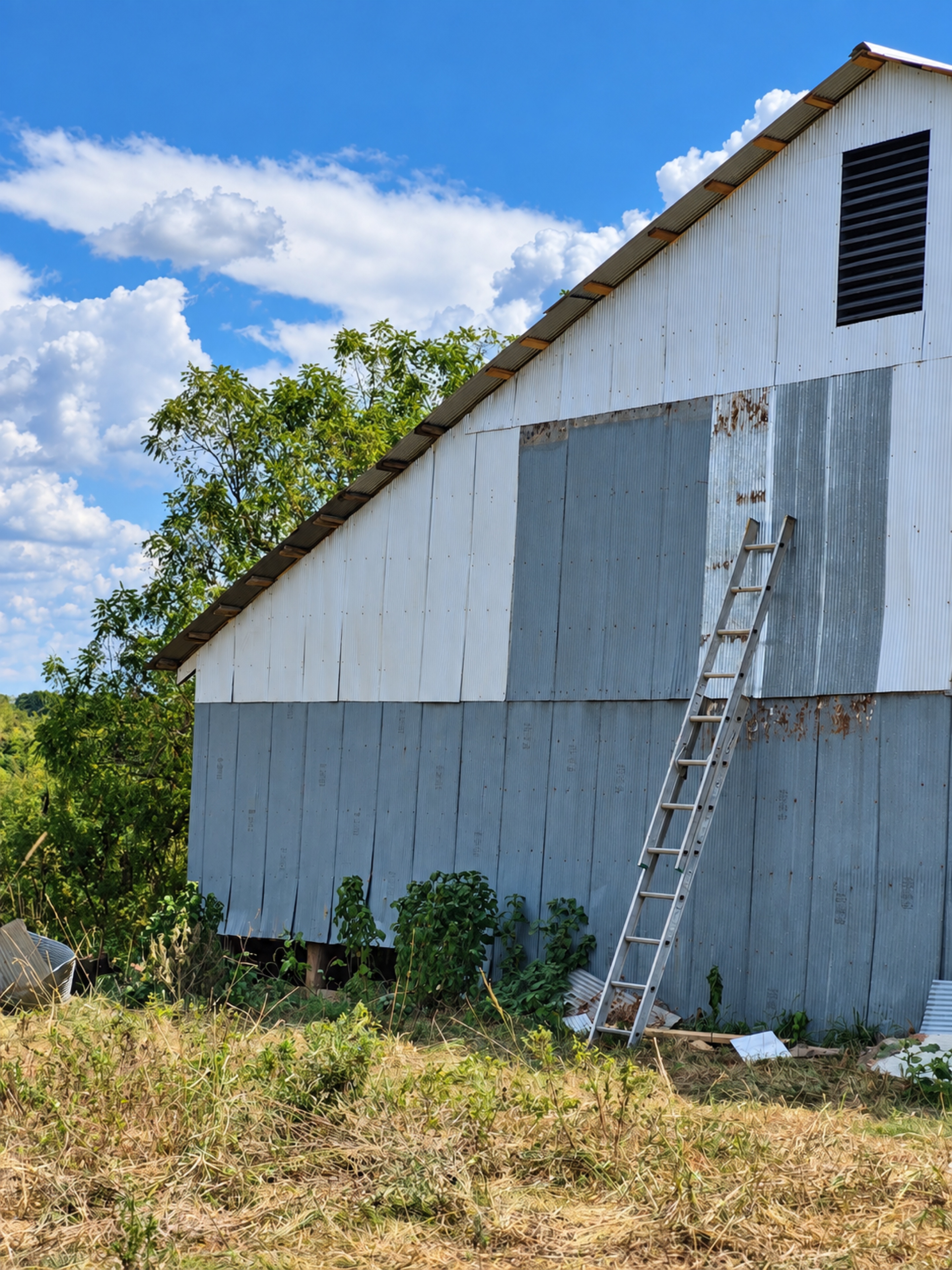 Side gable of the barn with mixed corrugated metal panels and a black vent
