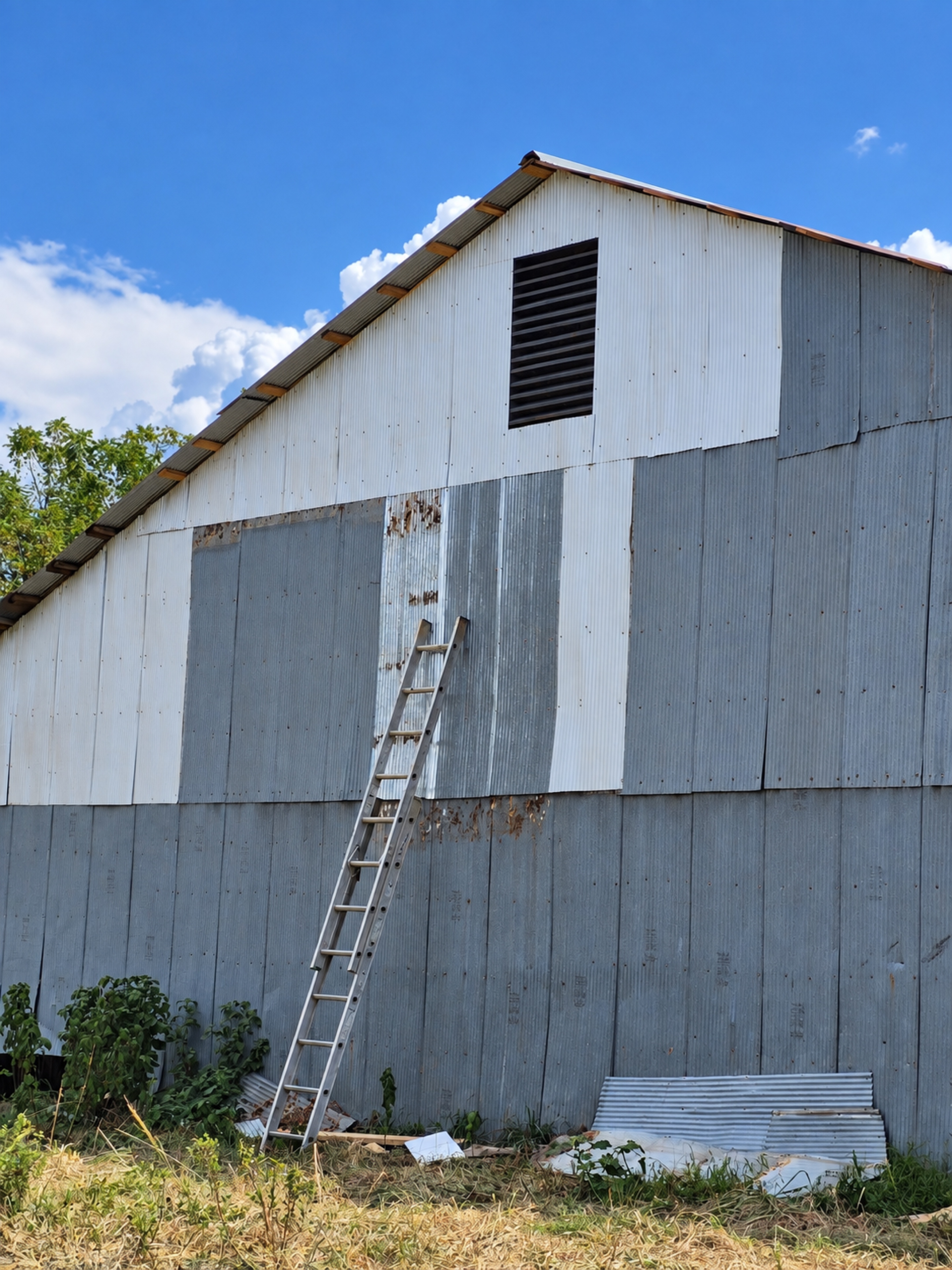 Closer side-gable view of the barn’s galvanized and white corrugated panels