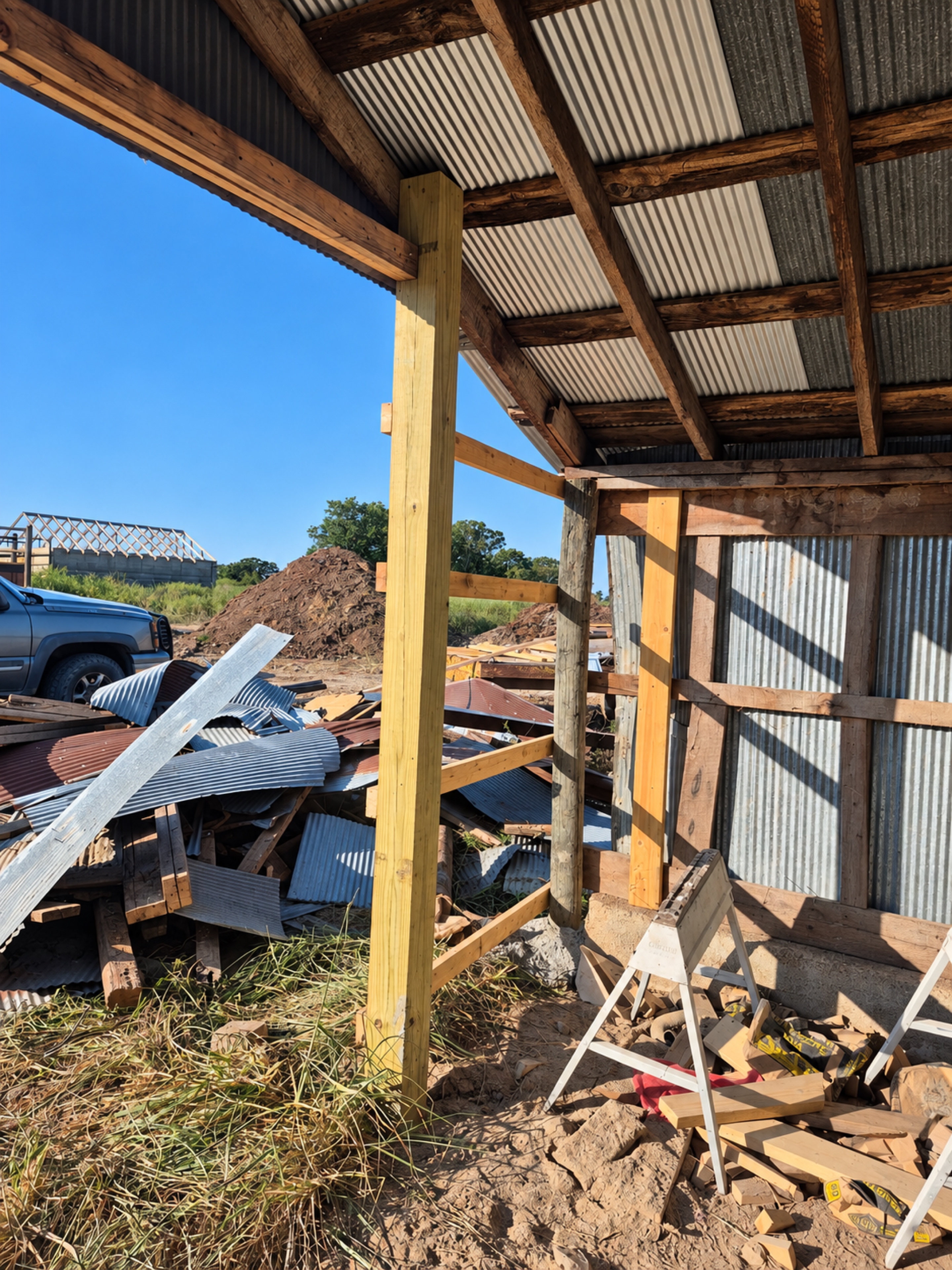 Fresh square timber post supporting a barn corner beside corrugated metal siding