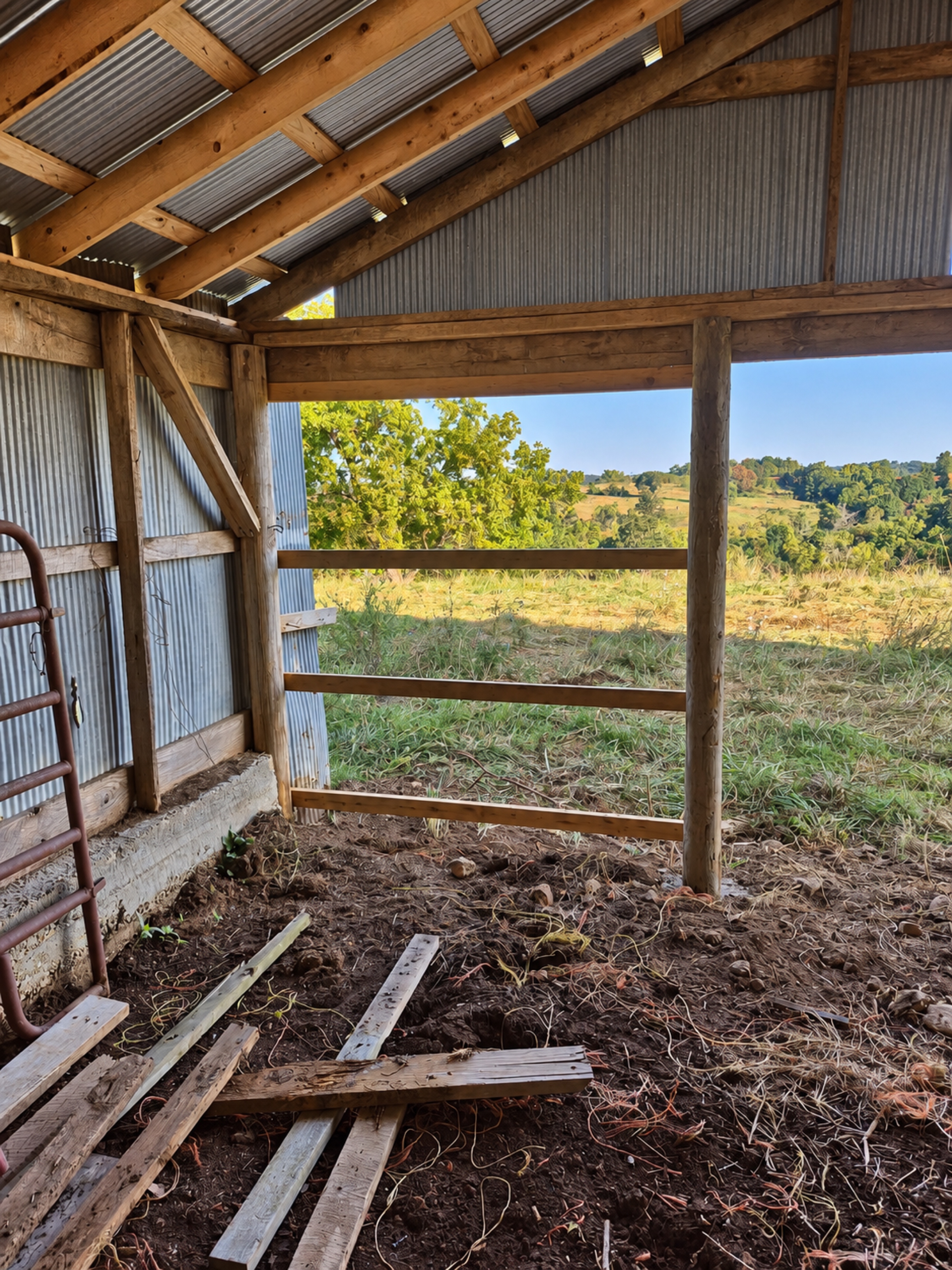 Interior barn end bay with timber posts, crossrails and corrugated metal roofing