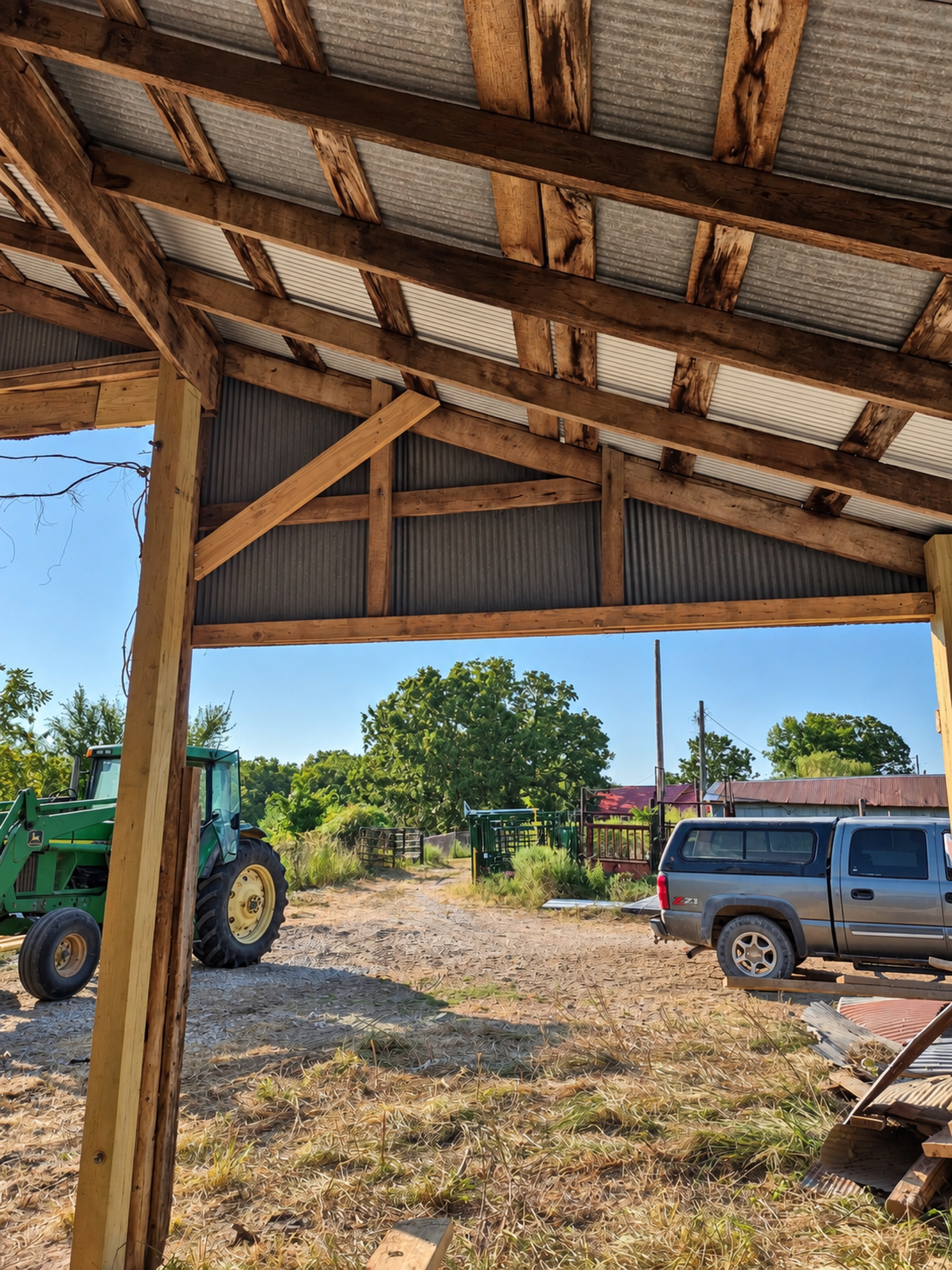 Barn gable framing with a fresh timber post and diagonal wooden brace