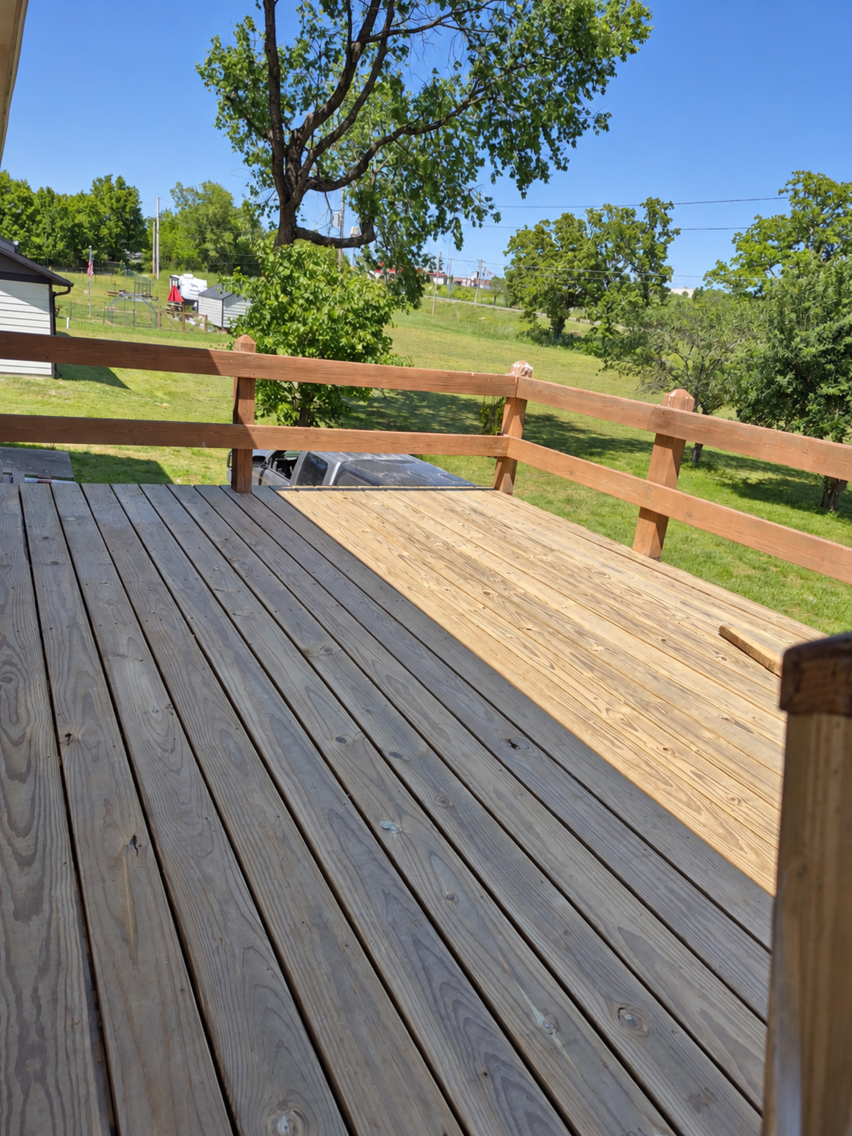 New wood deck surface during the elevated deck rebuild