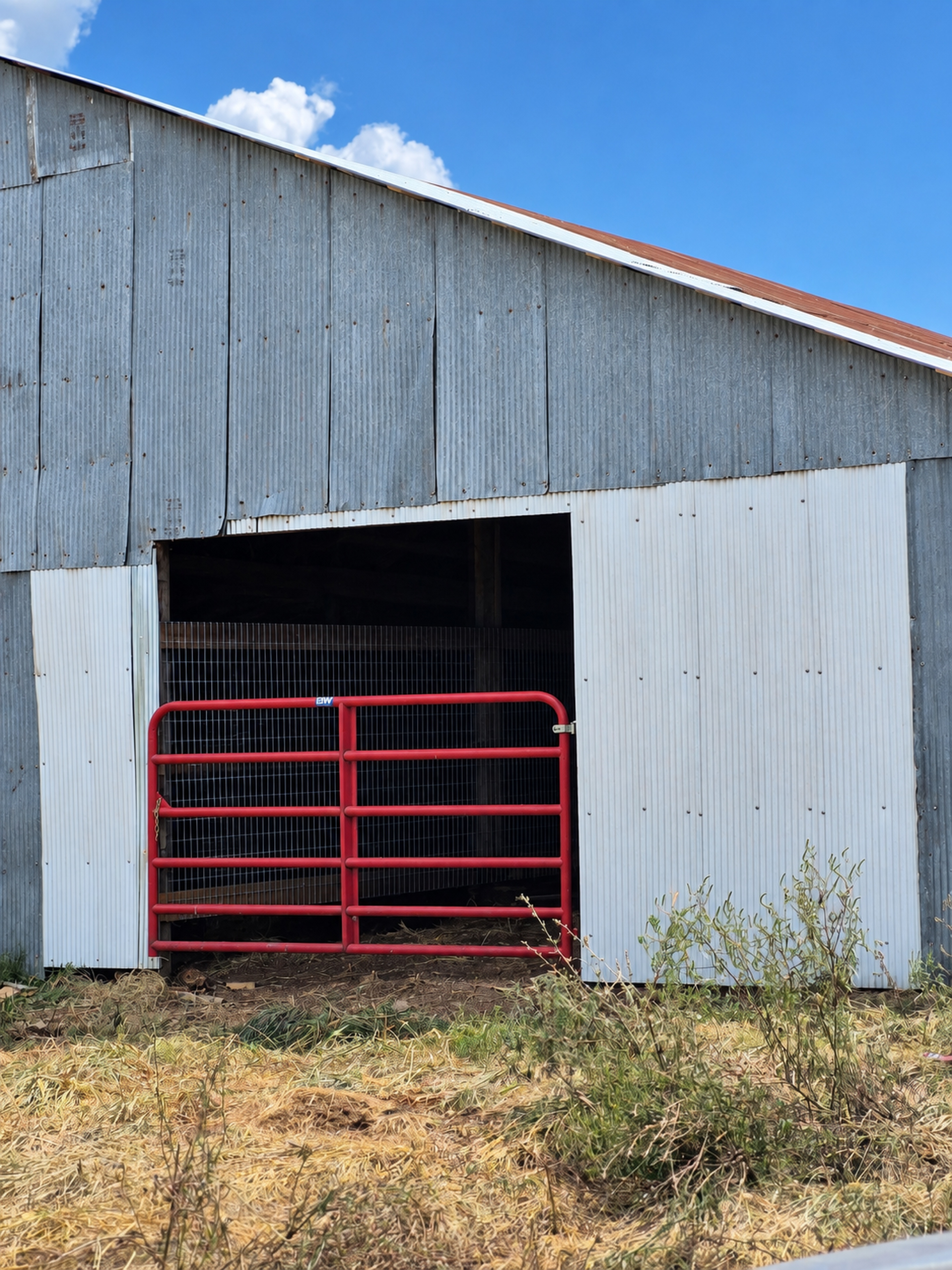 Barn exterior with white corrugated panels and a red livestock gate
